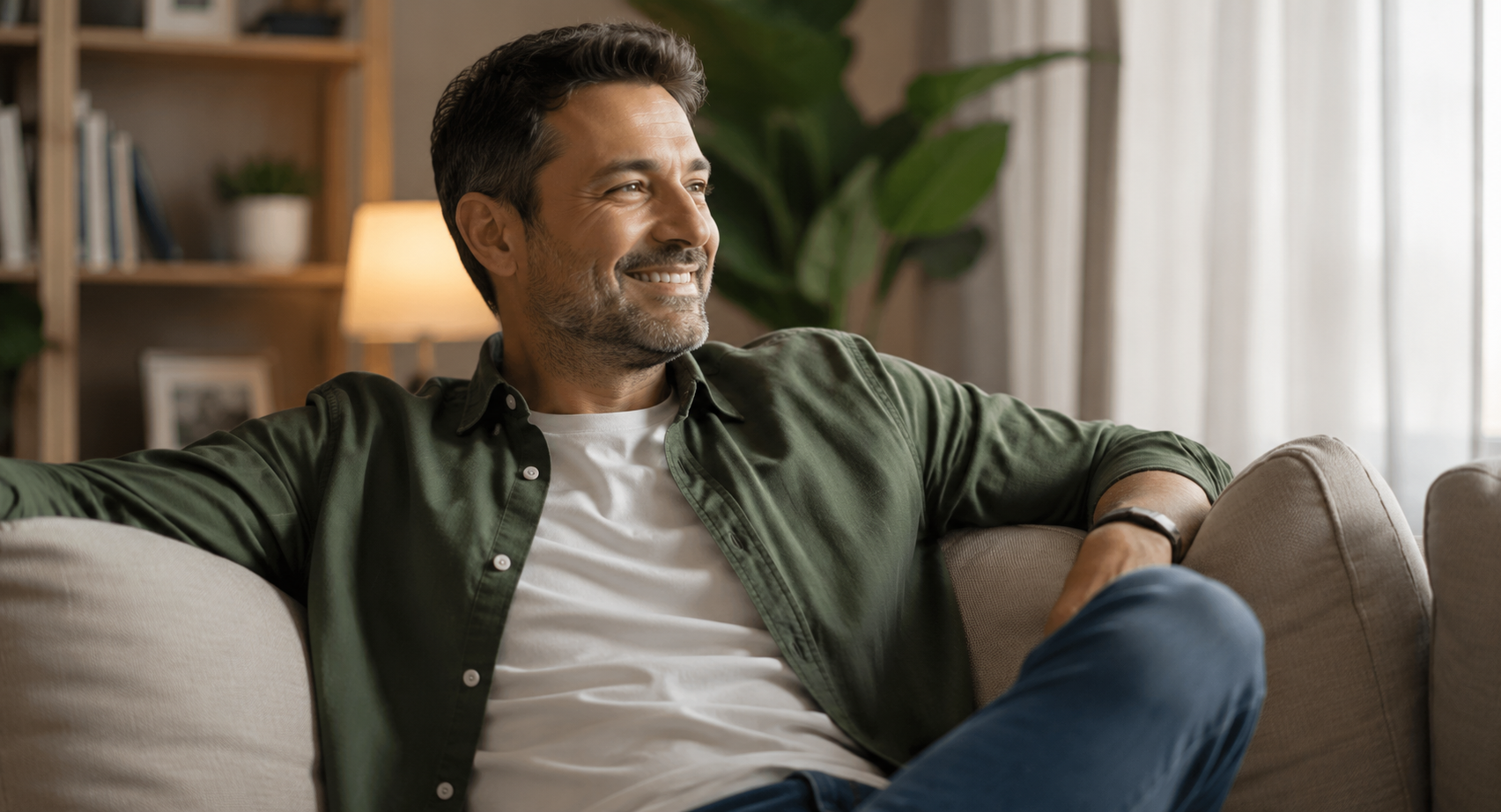 Hombre de mediana edad sentado tranquilo en el sofá de su casa, mirando hacia la ventana
